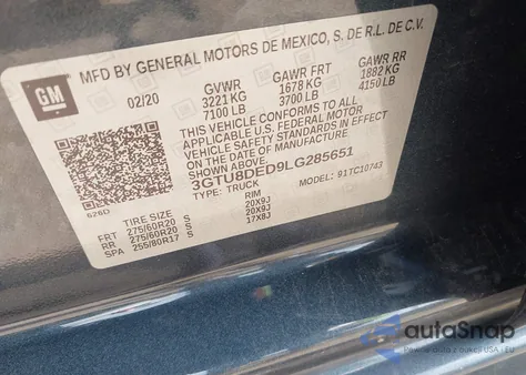 2020 GMC Sierra 1500 2Wd Standard Box Slt из США, поврежденный, VIN 3GTU8DED9LG285651